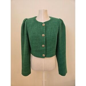 Endless Rose Emerald Green Cropped Tweed Jacket Gold Button Blazer Medium